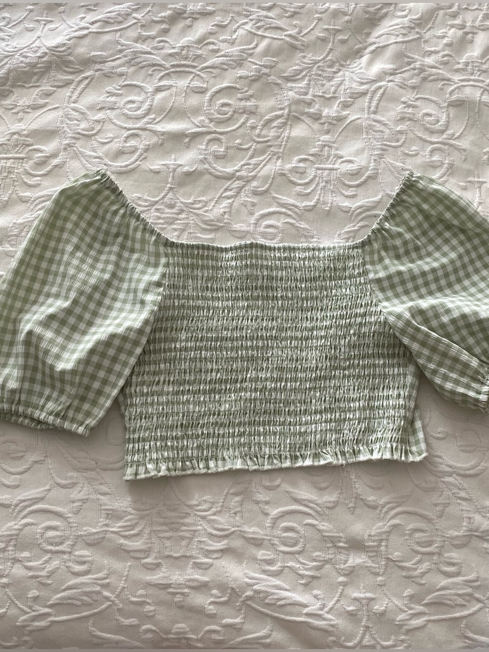 Sage green gingham puff sleeve crop top